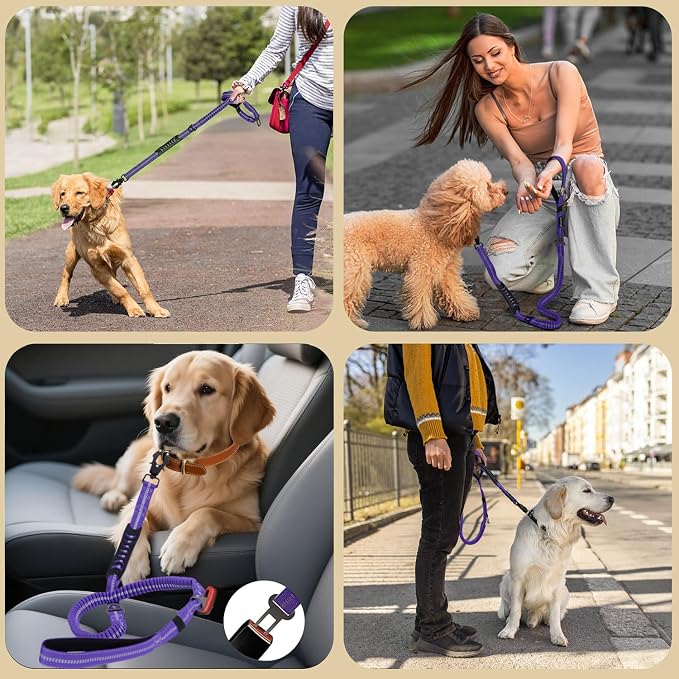 Heavy Duty Tactical Dog Leash, 4-6FT Shock Absorbing Bungee Lead with 2 Padded Handles, Metal Carabiner & Seatbelt Clip, Reflective No-Pull Leash for Medium/Large Dogs Purple