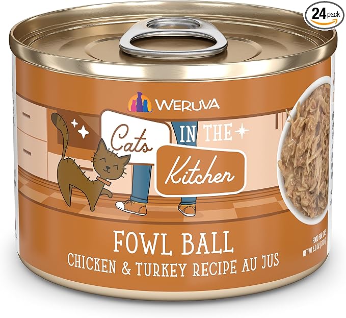 Weruva Cats in The Kitchen, Fowl Ball with Chicken & Turkey Au Jus Cat Food, 6oz Can (Pack of 24)