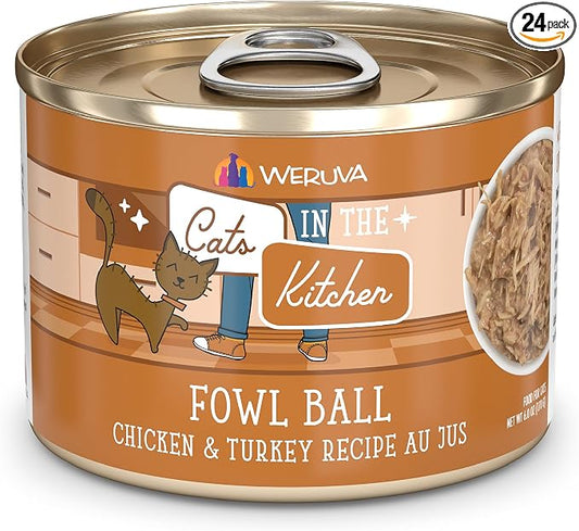 Weruva Cats in The Kitchen, Fowl Ball with Chicken & Turkey Au Jus Cat Food, 6oz Can (Pack of 24)
