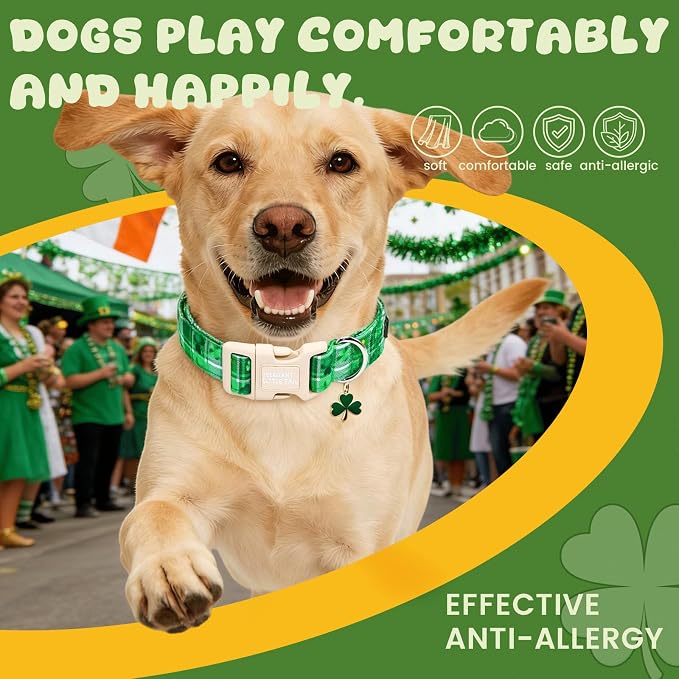 Elegant little tail St Patrick's Dog Collar - Green Plaid Cute Clover Cotton Shamrock Pet Collar Trefoil Adjustable Cotton Pet Collar with Quick Release Buckle for X-Small Dogs