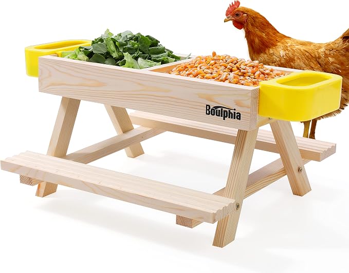 Boulphia Chicken Feeders and Waterers, Chicken Feeder No Waste Kit with Picnic Table and 2 Water Feeder, Handmade Wooden Chicken Supplies & Accessories for Chicken Coop