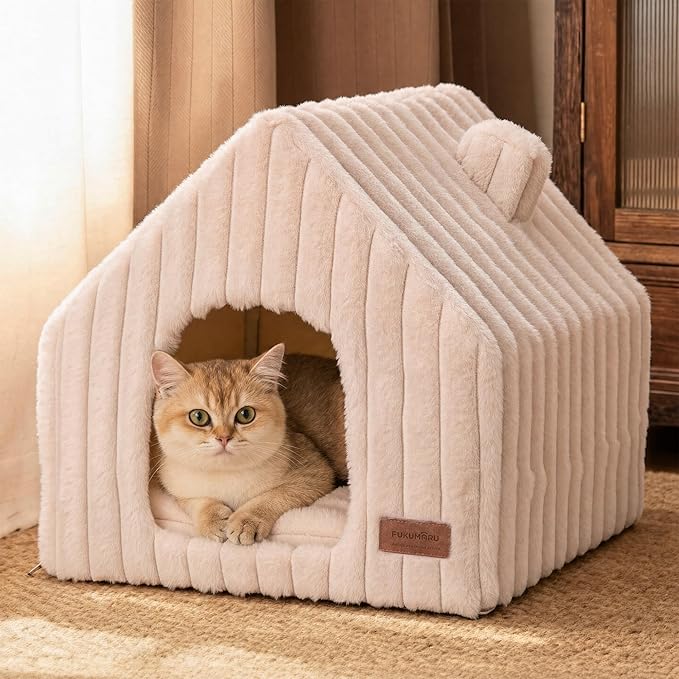 FUKUMARU Cat Houses for Indoor Cats, Washable Cute Cat Bed Cave with Removable Pillow, Large Semi-Enclosed Cozy Dog House Indoor, Soft Faux Rabbit Fur Kitten Bed, 17.5-Inch Cat Hideaway, Pink Grey