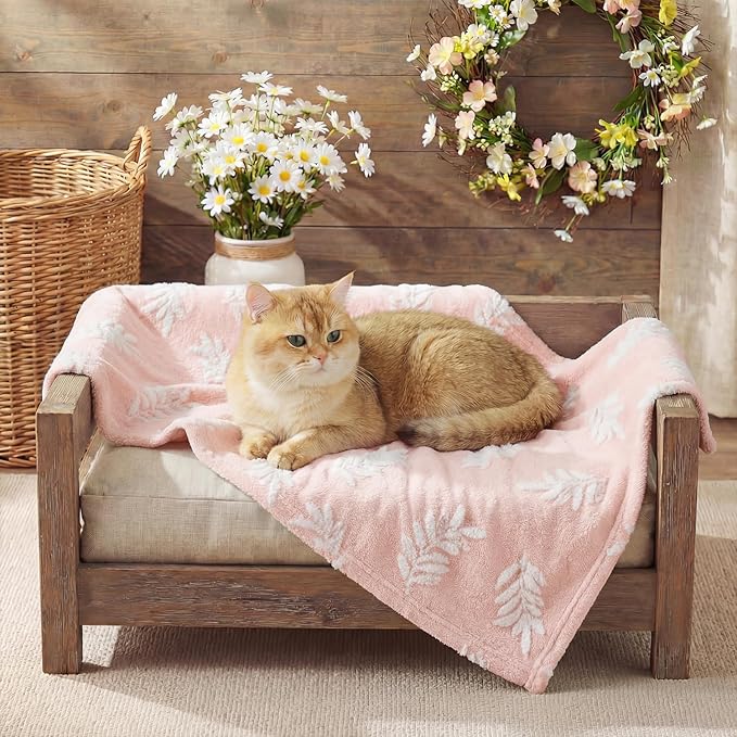 Horaldaily Pets Flannel Blanket, Pink Leaves 3D Textured Soft Fuzzy Fluffy Plush Cozy Fleece Premium Blankets for Dog Cat Puppy Kitten Couch Protection, 16x23