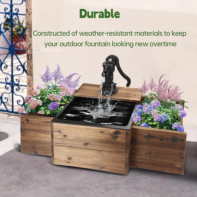 OIPRTGFJ Outdoor Water Fountain,Floor Wooden Pump Old-Fashioned Fountain with Flower Box,Solar Decorative Hand Pump, Outdoor Water Feature for Garden Patio Backyard (Solar Rectangular Pump)