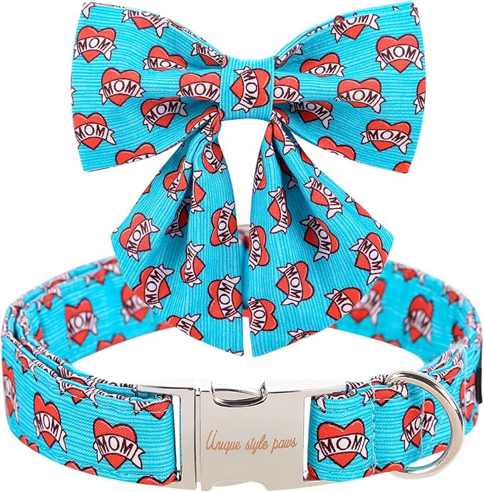Unique style paws Valentine's Day Dog Collar with Tie Blue Heart Puppy Collar Best Gift for Small Medium Large Boys Girls-S