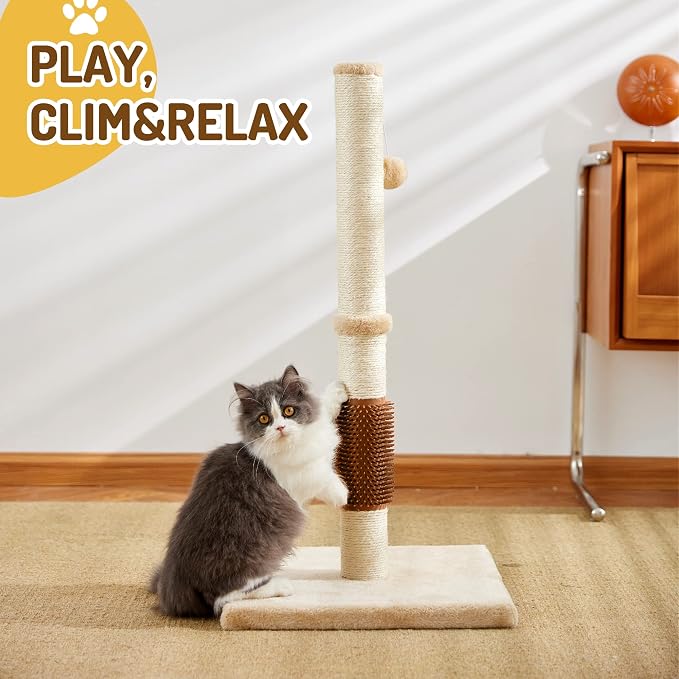 MeowHomm 32" Cat Scratching Post with Self Groomer Cat Brush, Sisal Rope Tall Cat Scratching Post with Soft Hanging Ball for Indoor Cats, Cat Claw Scratcher Covered with Soft Smooth Plush