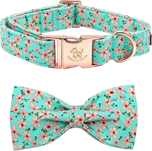 Elegant little tail Dog Collar, Spring Pet Collar with Bow Dog Durable Pink Flower Print Dog Collars Girl Pet Gift Adjustable Dog Collar for X-Small Dogs