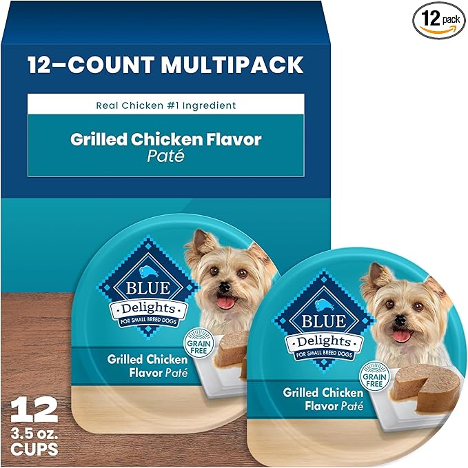 Blue Buffalo Delights Grilled Chicken Flavor Paté Natural Grain Free Wet Dog Food for Small Breed Dogs in Savory Juice with Natural Ingredients, Vitamins & Minerals, 3.5-oz. Each (12 Cups)