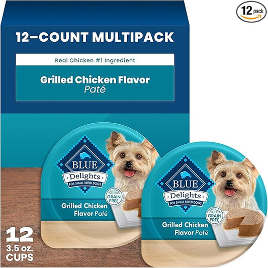 Blue Buffalo Delights Grilled Chicken Flavor Paté Natural Grain Free Wet Dog Food for Small Breed Dogs in Savory Juice with Natural Ingredients, Vitamins & Minerals, 3.5-oz. Each (12 Cups)