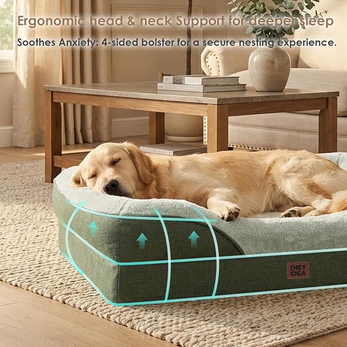 EHEYCIGA Orthopedic XXL Dog Bed for Large Sized Dog, 52x41 Inch Extra Large Memory Foam Dog Couch Bed with Sides, Waterproof Liner & Washable Removable Cover, Bolster Pet Sofa, Green