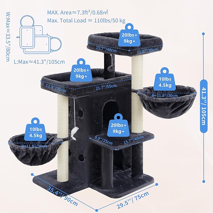Heybly Cat Tree with Reinforced Big Base, 41.3-Inch Sturdy Cat Tower for Indoor Cats Featuring 2 Roomy Platforms, Double Cat Condo, 2 Cozy Baskets, Full Sisal Scratching Posts, Smoky Gray HCT075G