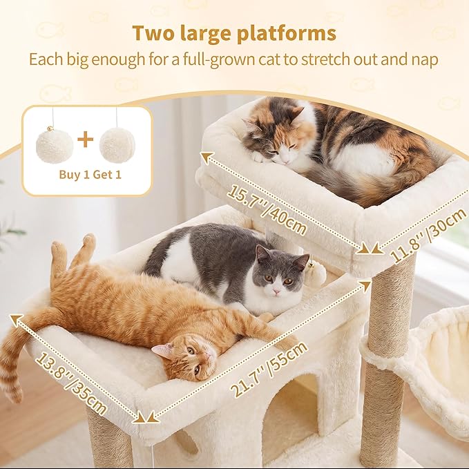 Heybly Cat Tree with Reinforced Big Base, 41.3-Inch Sturdy Cat Tower for Indoor Cats Featuring 2 Roomy Platforms, Double Cat Condo, 2 Cozy Baskets, Full Sisal Scratching Posts, Beige HCT075MJ