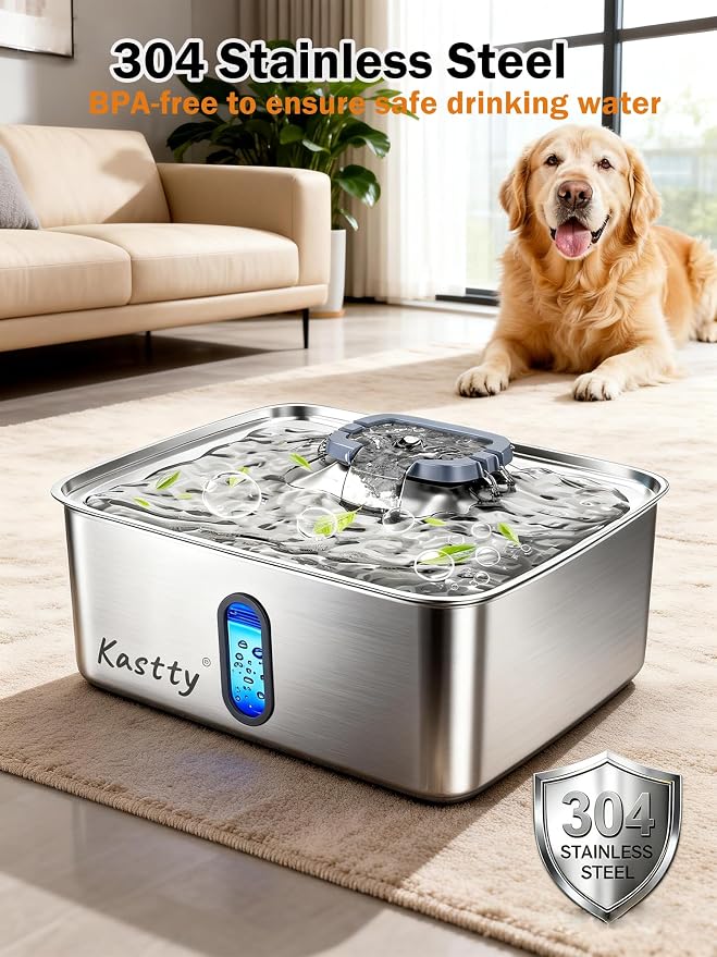 Kastty 3.96 Gal Dog Water Fountain for Large Dogs,15L Stainless Steel Large Pet Water Fountain, Ultra Quiet Automatic Dog Water Bowl Dispenser with Water Level Window and LED Light(FS78,Grey