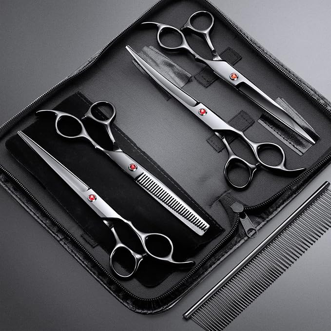 Gimars 7.0in Professional 4CR Stainless Steel Safety Round Tip 6 in 1 Dog Grooming Scissors Heavy Duty Titanium Coated Pet Grooming Scissor for Dogs, Cats and Other Animals