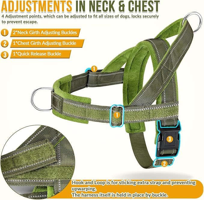 Lukovee No Pull Dog Harness and Leash Set - Adjustable Soft Padded Vest with Front Clip for Easy Control, Reflective Durable Harness for Safe Daily Training Walking for Medium Large Dogs (XL, Green)