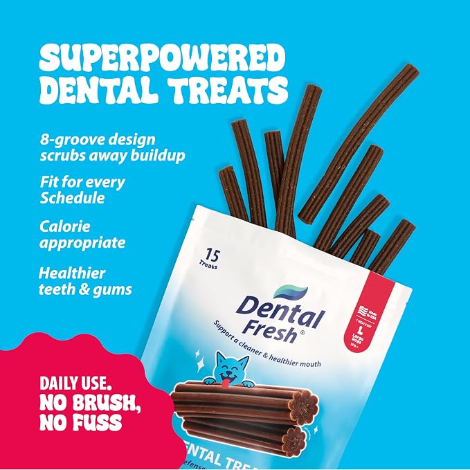 Dental Fresh Dental Treats for Large Dogs, Vet-Formulated Teeth Cleaning Dental Sticks to Help Reduce Plaque and Tartar and Freshen Breath, 15 Count Brush Free Dental Chews for Dogs 50 lbs and Up