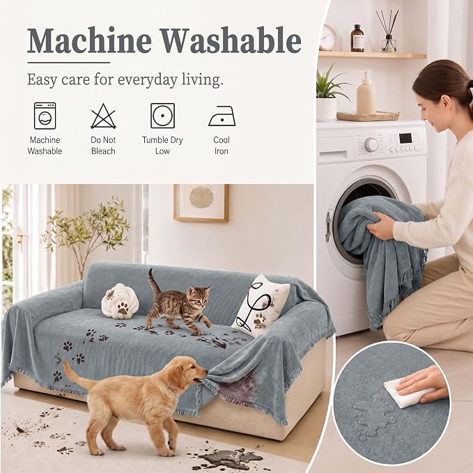 hyha Couch Cover for Dogs, Boho Sofa Covers for 3 Cushion Couch Washable, Chenille Sofa Slipcover for Pets, Soft Loveseat Sectional Couch Throw Blankets with Tassels (Grey, 88.5x118 Inch)