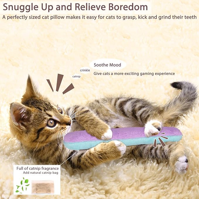 Retro Shaw Refillable Catnip Toys Pillow with Crinkle Sound, Interactive Kicker Cat Toys for Indoor Kittens, Soft Plush Kitty Kick Drives Bored Cat Crazy with Fun