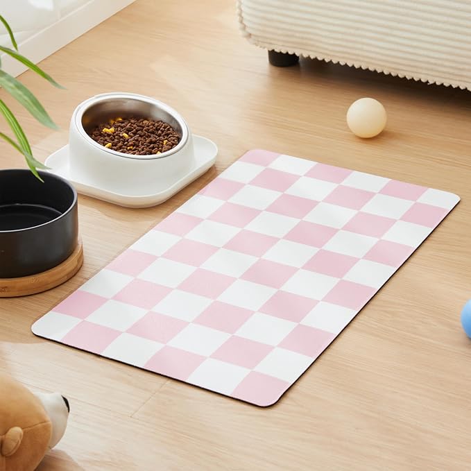 Checkered Dog Feeding Mat, Absorbent Mats for Dog Food and Water Bowl, Dispenser, Feeder, Retro Aesthetic Pastel Pink Checkerboard Pet Placemat for Dogs, Cats, Puppy Accessories, 16" X 24”