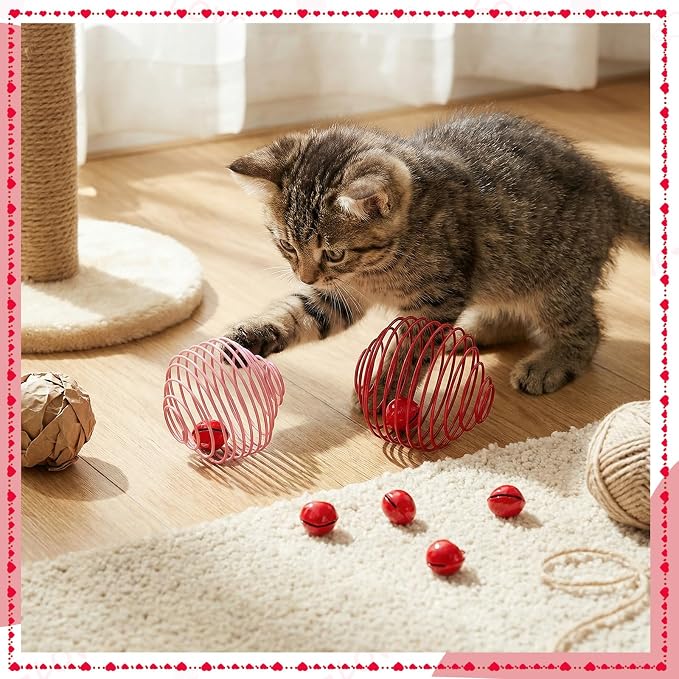 Jecery 5 Pcs Cat Spring Balls Toys Stretchable Rolling Balls Colorful Playful Coils Interactive Action Toy Caged Rats for Kitten Pet Supplies (Heart Bel,Pink Red)