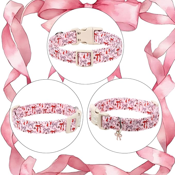 Girl Dog Collar for Small Dogs - Cute Heart Bow Print Girly Dog Collars, Soft Adjustable Spring/Summer Holiday Female Dogs Collar with Quick-Release Buckle XS