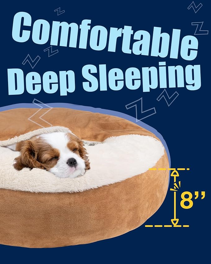 Pet Soft Small Dog Bed Cat Bed with Cover Cave - Round Calming Dog Beds Washable Cuddler Puppy Beds for Small, Medium Dogs and Cats (Khaki, 30")