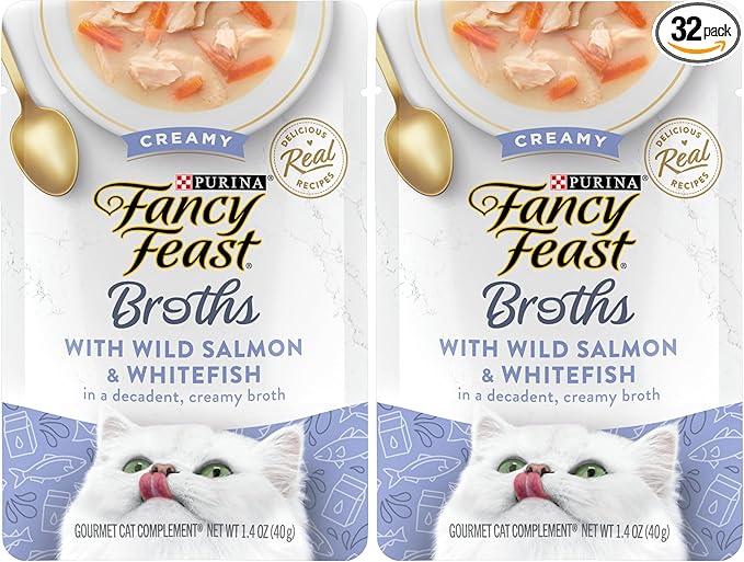 Fancy Feast Purina Creamy Broth with Wild Salmon and Whitefish, Gourmet Lickable Cat Food Topper, 1.4 oz. Pouches (Pack of 32)