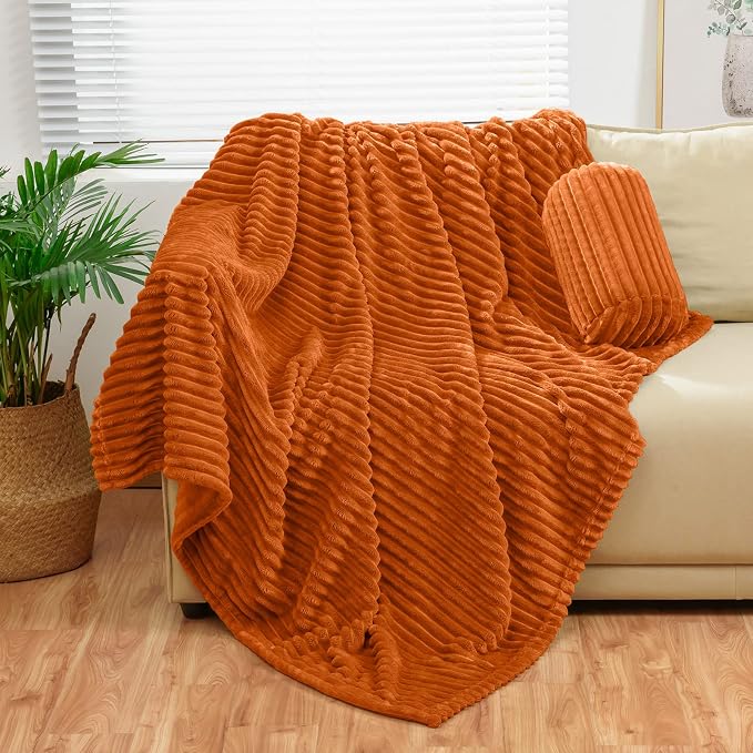 Bnuitland Orange Fleece Throw Blanket 90"x108",300GSM Large Big Soft Cozy Warm Lightweight Stripe Pattern for Bed Sofa Home Decor,Suitable for Adults Family All Season