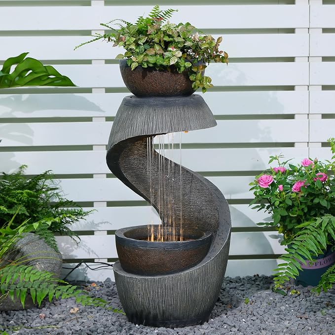 31.9" S-Shaped Outdoor Water Fountain with Lights – Resin Waterfall Fountain Outdoor with Planter Bowl, Modern Grey Garden Water Feature for Patio, Balcony, Yard, Home Decor