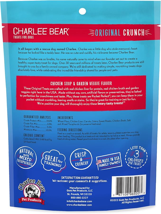 Charlee Bear Dog Training Treats, Chicken Soup & Garden Veggie Recipe, Low Calorie (Under 3 Calories), Limited Ingredient Crunchy Dog Treats, 16 oz. Resealable Bag