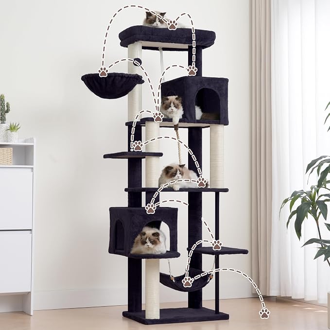Gitelsnour Cat Tree for Indoor Cats Large Adult, 70.5'' Cat Tower with Scratching Post, Sturdy Steel Pube Cat Tree Tower with Large Playing Platfrom, Hammock and Basket, Top Perch, Drak Gray GCT024G