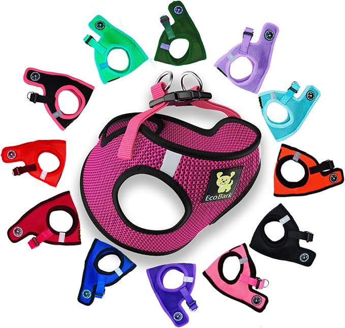 EcoBark Small Dog Harness for Toy Breed Dogs & Puppies - No Pull Soft Luxury Mesh - Step in Harness Halter Vest - Cute Adjustable Little Halter Body Wrap 7-10 lbs (Fuchsia Sport, Small)
