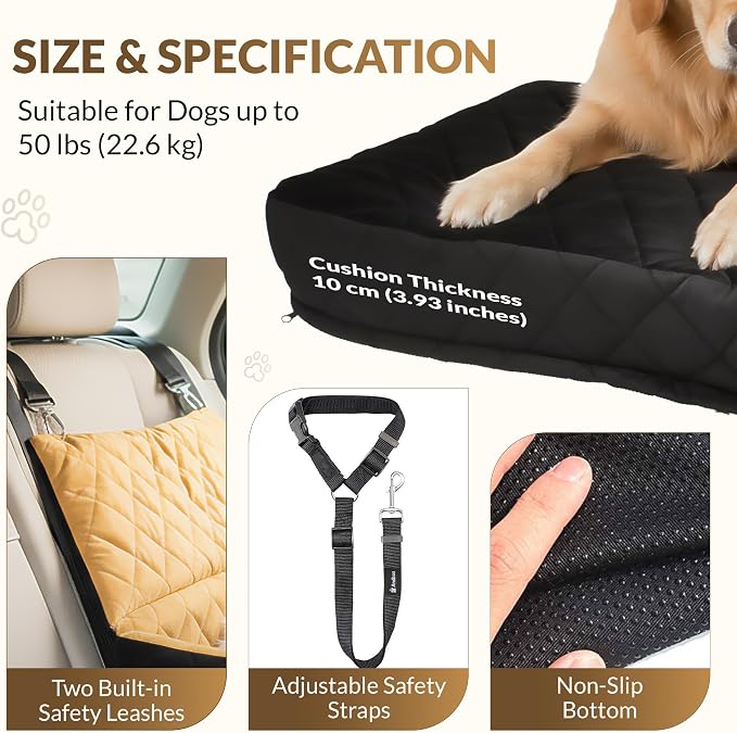 Dog Car Seat for Small & Medium Dogs up to 55 lbs, Fits 2 Small Dogs, Waterproof Dog Booster, for Car Travel, Pet Seat with Safety Leash, Bonuses, Collapsible Water Bowl & Chew Toy.