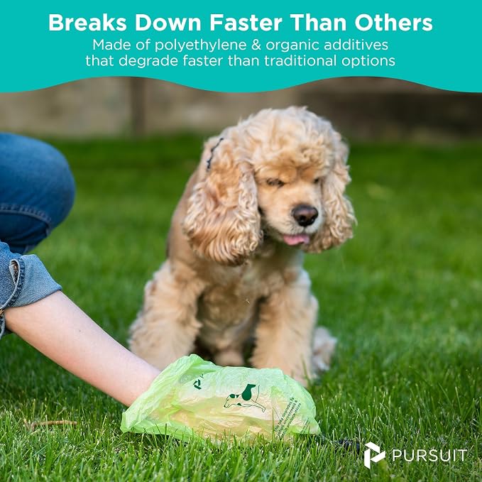 Green Pursuit Poop Bags for Dogs - Large Leak Proof Dog Poop Bags Rolls with Handle | Tear Resistant Dog Poop Bag with Dispenser | Degrades Faster, Easy to Open, Separate & Tie | 9"x13", 135 Bags