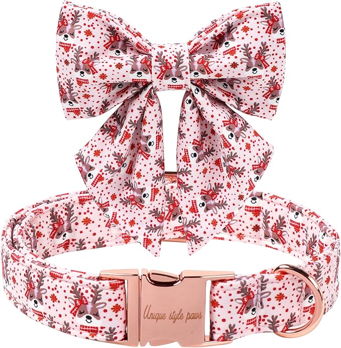 Unique Style Paws Christmas Dog Collar with Bowtie Red Pink Elk Cotton Puppy Collars for Small Medium Large Dogs