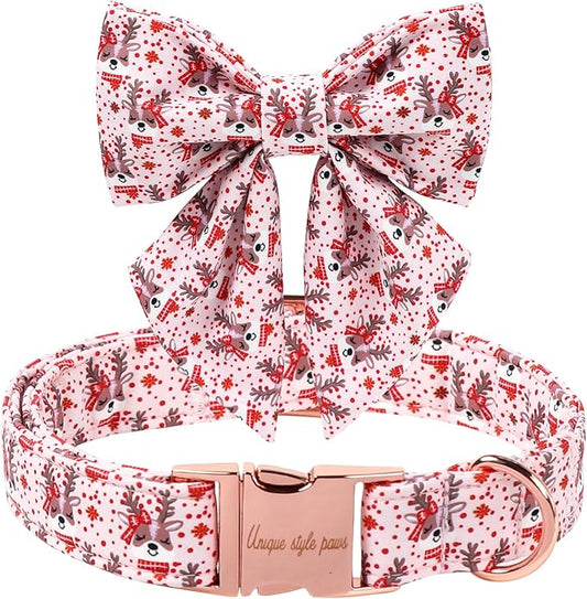 Unique Style Paws Christmas Dog Collar with Bowtie Red Pink Elk Cotton Puppy Collars for Small Medium Large Dogs