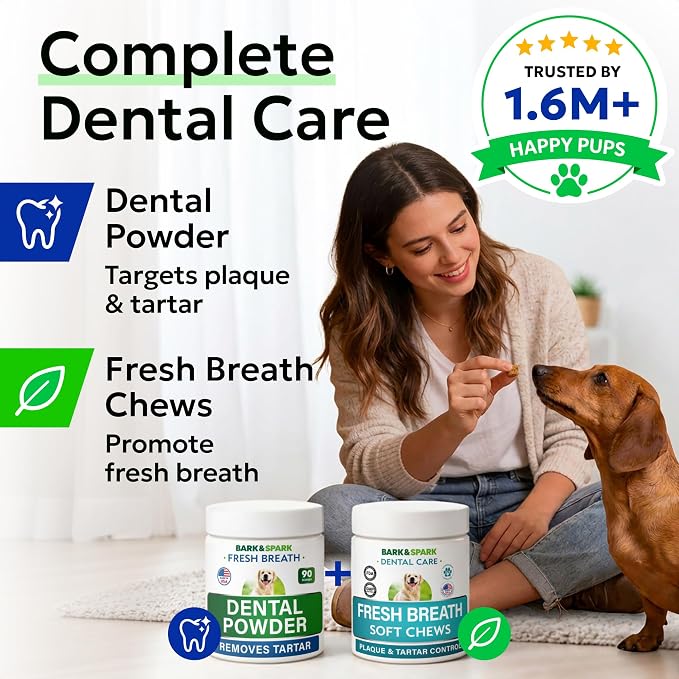 BARK&SPARK Dog Teeth Breath Freshener Chews, Dental Cleaning Treats for Bright Smile - Plaque, Tartar and Bad Breath Advanced Remover for Dogs, Pet Oral Care Bright Co Lab Pro Formula - 90 Servings