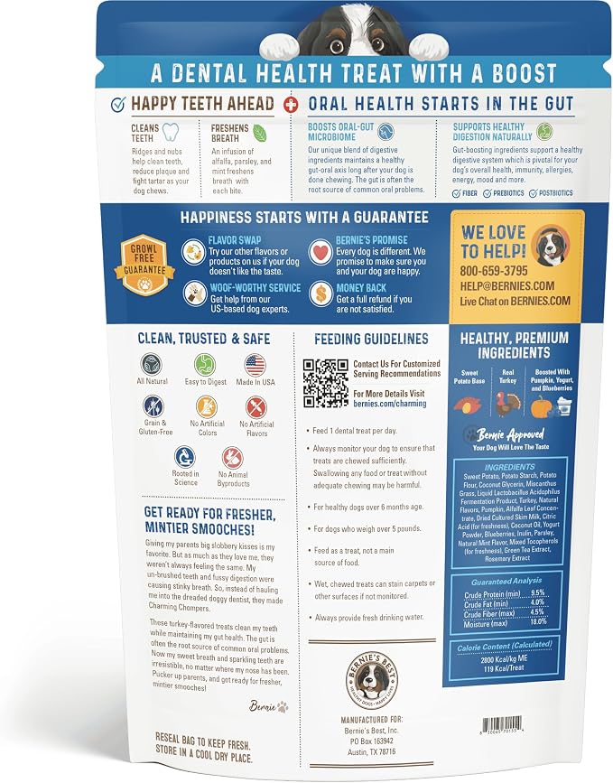 Bernie's Charming Chompers - Daily Dental Chews for Dogs 51-100 Lbs. - 12 Count - Cleans Teeth, Freshens Breath, + Boosts Oral-Gut Microbiome. Easy to Digest, Supports Healthy Digestion Naturally