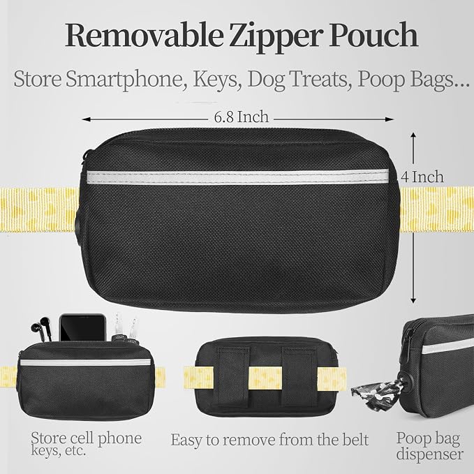 iYoShop Hands Free Dog Leash with Zipper Pouch, Dual Padded Handles and Durable Bungee for Walking, Jogging and Running Your Dog (Yellow Heart, Large)