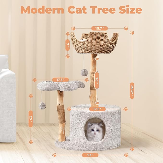 Easyego Modern Cat Tree, 39.9" Aesthetic Wood Cat Tree Tower for Large Cats, Luxury Cat Condo with Scratching Posts and Flower Platforms, Cat Furniture, Bullet Gray