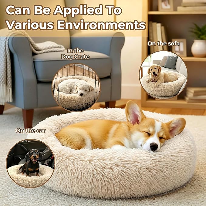 Calming Anti-Anxiety Donuts Dog And Cat Bed, Round Fluffy Soft Washable Small Medium Pet Bed For Puppy And Kitten, Cuddler Warming Comfortable Luxury Anti-Slip Waterproof Mute Base 24in Light-Brown