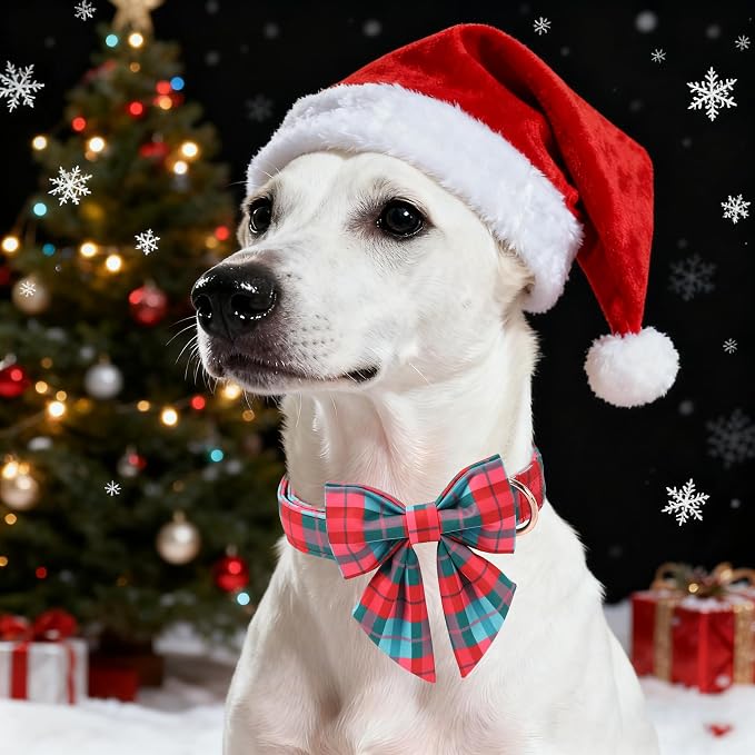 Unique Style Paws Christmas Dog Collar with Bowtie Red Green Grid Cotton Puppy Collars for Small Medium Large Dogs