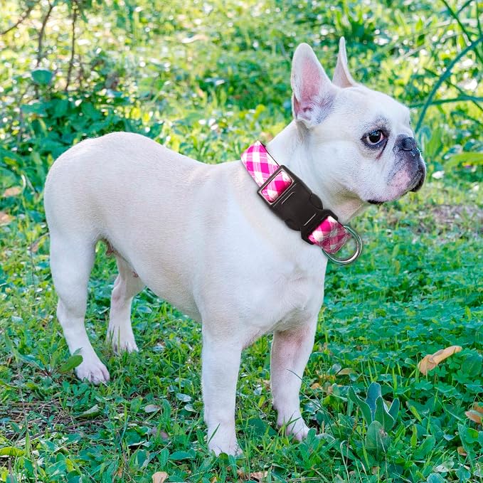 Ladoogo Reflective Dog Collar Padded with Soft Neoprene Breathable Adjustable Nylon Dog Collars for Small Medium Large Dogs (X-Small (Pack of 1), Pink Plaid Collar+Leash)