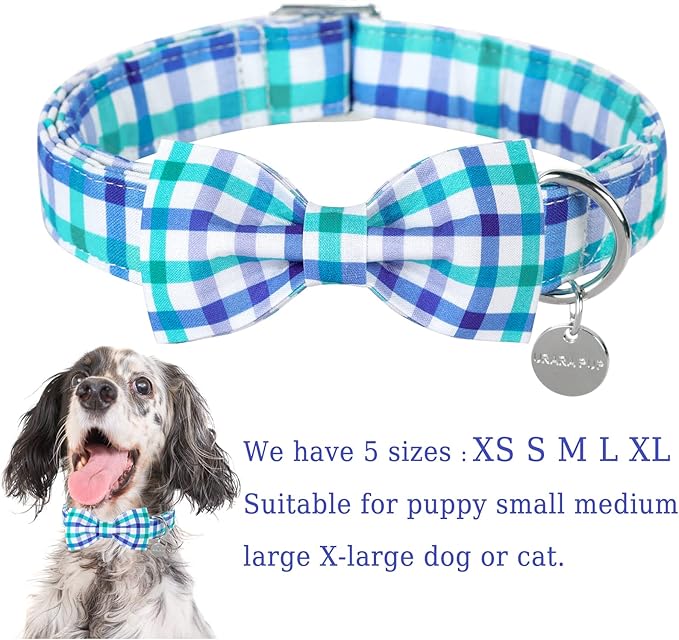 Dog Collar Bow Tie, Comfortable Durable Cotton Bowtie Collar for Girl Boy Dog or Cat, Adorable Puppy Collar with Metal Buckle, Blue Grid Gift Collar, XS