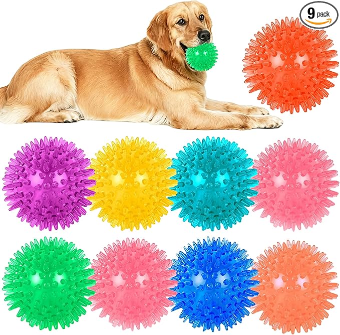9 Pack Squeaky Dog Balls 3.5″Dog Toys Balls for Medium Large Dogs Pet Puppy Chew Toys for Teething No Odor Durable Spiky Balls for Teeth Cleaning and Training for Medium Dogs (Medium)