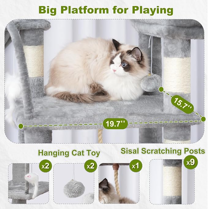Gitelsnour Cat Tree, Cat Tower for Large Cats with 2 Big Platforms, 2 Baskets, condo and Toys, 63" Cat Scratching Posts for Indoor Cats, Light Gray GCT020W