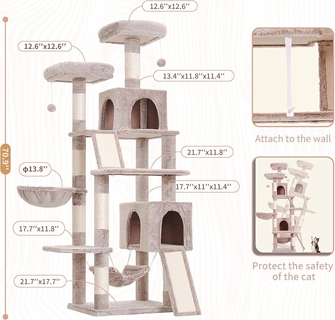 Gitelsnour Cat Tree for Indoor Cats, 71'' (180cm) Multi-Level Cat Tower for Large Adult, Sturdy Cat Tree House with 2 Scratching Boards 7 Posts, 2 Plush Perches/Condos, Hammock, Muchroom GCT032MU