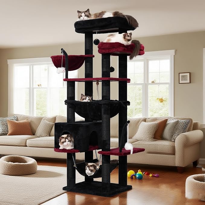 Gitelsnour Gothic Cat Tree, Cat Tower for Large Cats with 2 Big Platforms, 2 Baskets, condo and Toys, 63" Cat Scratching Posts for Indoor Cats, Black and red GCT020BR