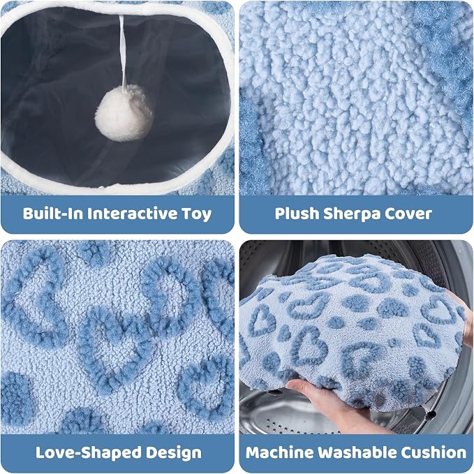 Cat Tunnel Bed, Cute Cat Tunnel Toy with Washable Cushion, Fits Indoor Cats up to 25 lbs, Cute Peekaboo Cave Pet Bed for Kittens, Rabbits, Blue Heart
