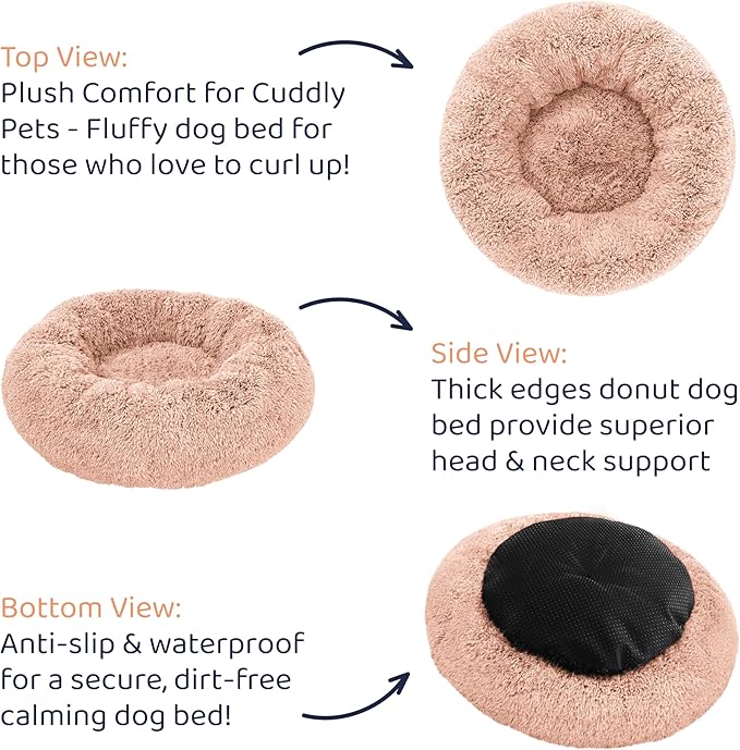 Petloox Donut Dog Bed - Premium Comfort for Anxiety Relief - Fluffy & Calming Design with Ultra-Plush Support | Cozy Round Dog Bed with Super Soft Circle Style (Size S Pink)